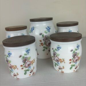 5-Vintage Italian Opaline glass storage jars/floral design:wood lids/flaw